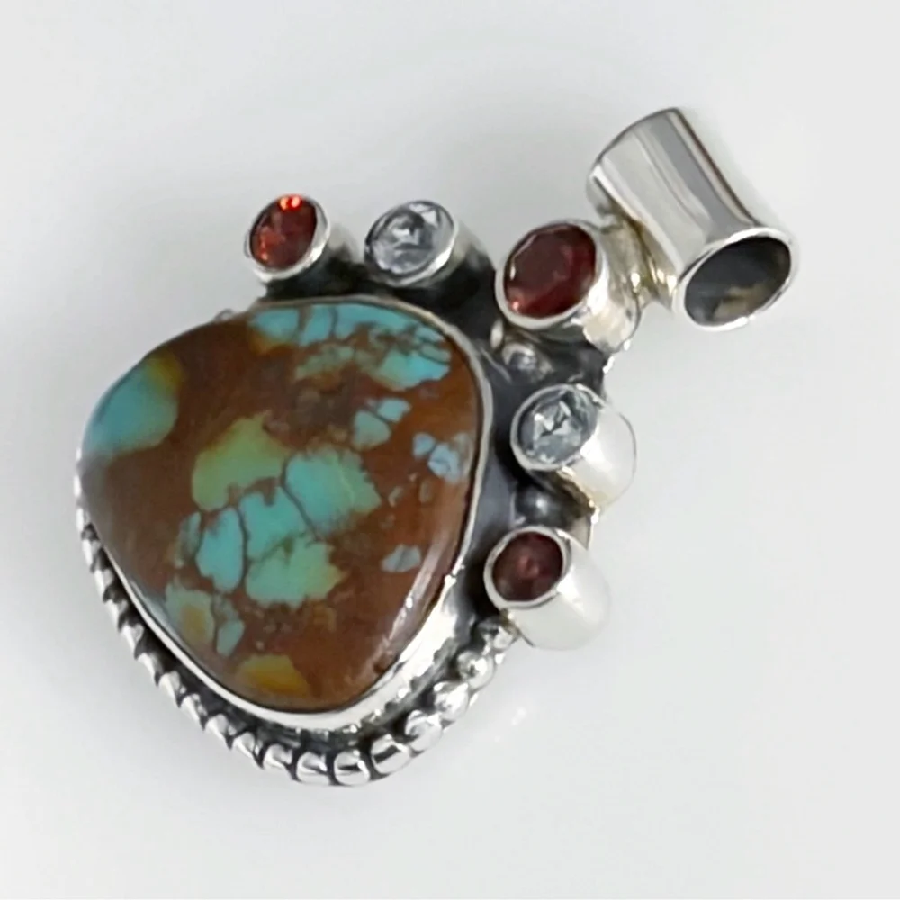 Sterling Silver 925 Red Garnet Turquoise Pendant Southwest Vintage Style